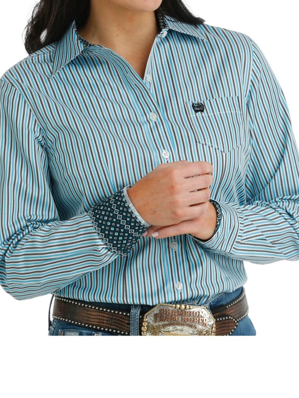 Cinch | Women’s Blue/Grey Striped Super Soft Western Button-Up Shirt | L